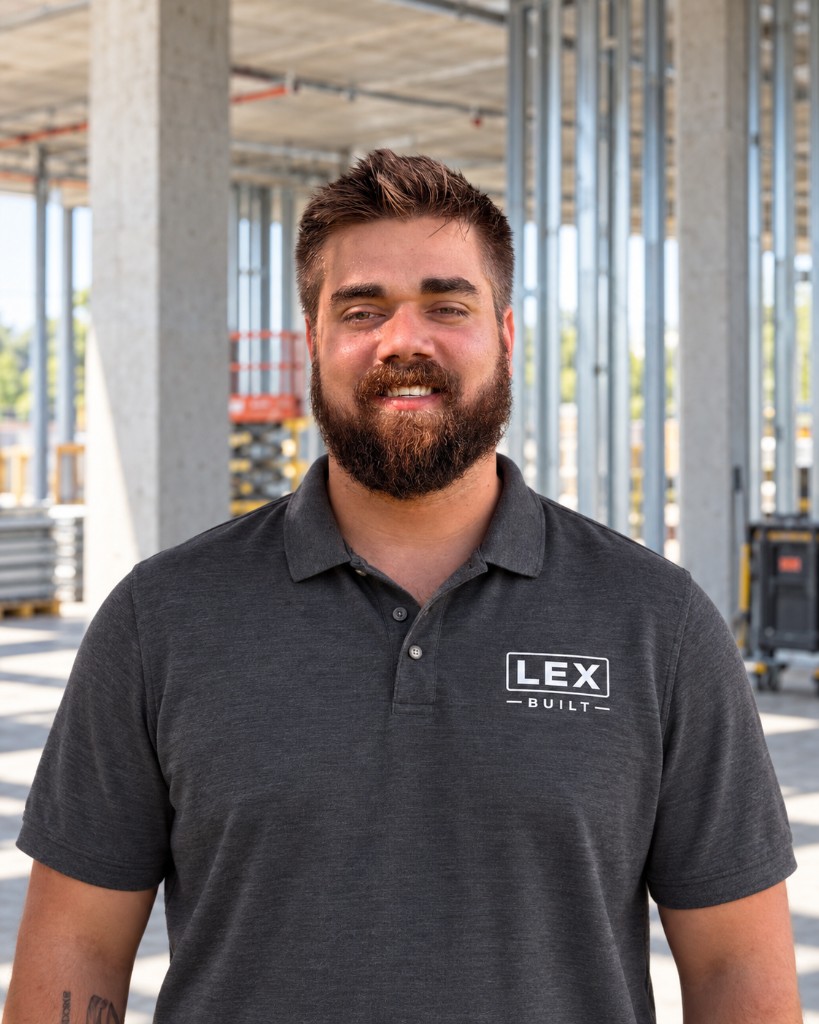 Lex Leclezio, co-founder of Lex Built, on a commercial construction site.