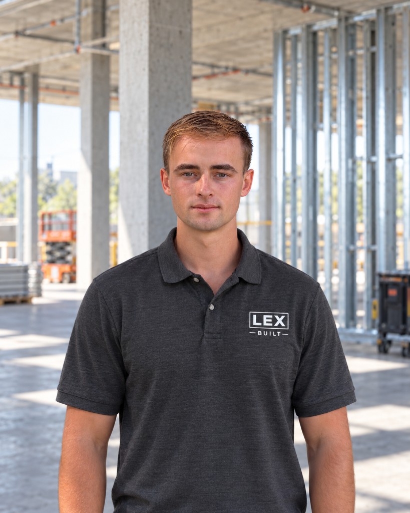 Lucas Dennis, co-founder of Lex Built, on a commercial construction site.