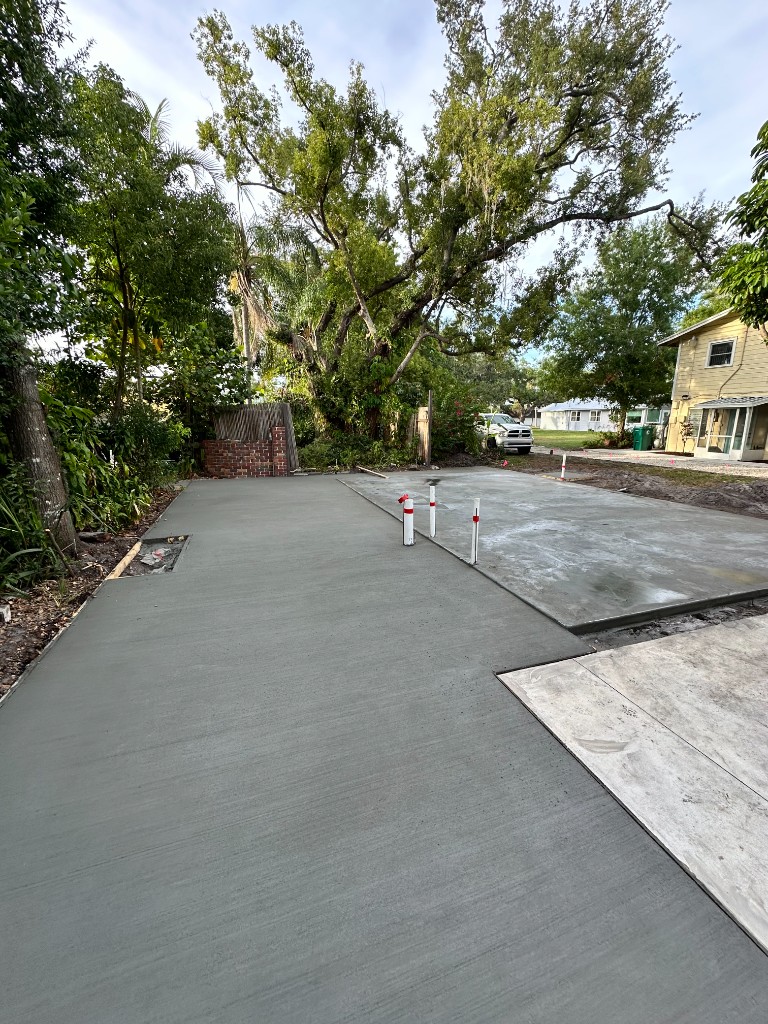 Fresh broom-finish concrete slab.